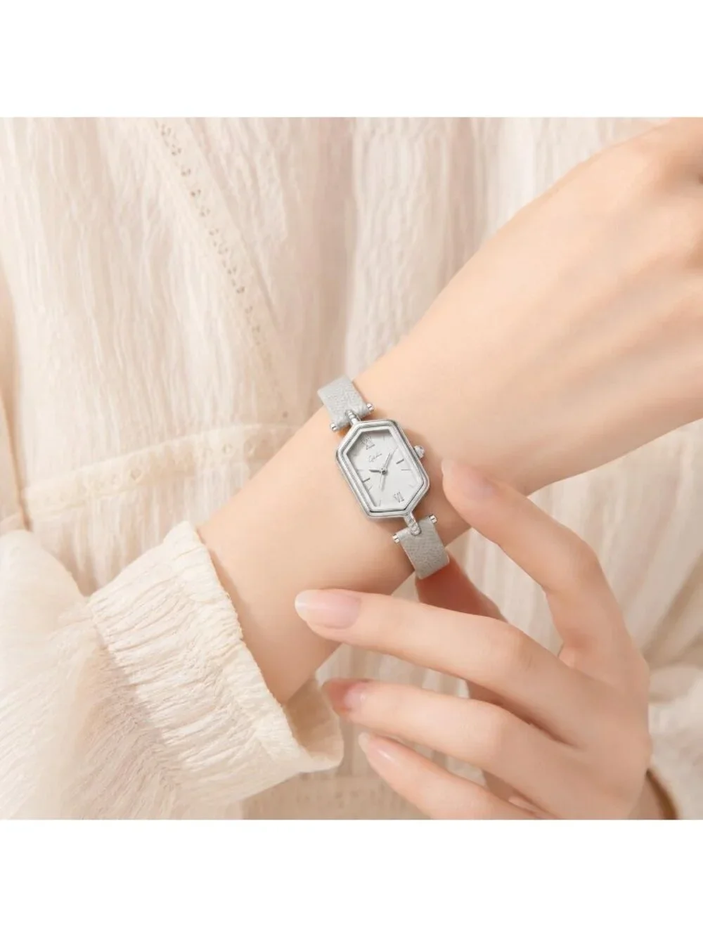 Women's Gray Blue Vintage Slim Leather Strap Bracelet Hexagon Case Wrist Watch